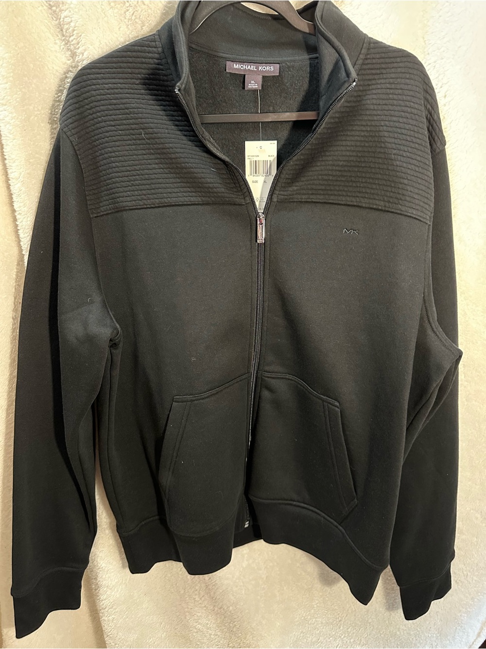 Michael Kors Men's Black Full-Zip Ribbed-Shoulder Sweater Jacket